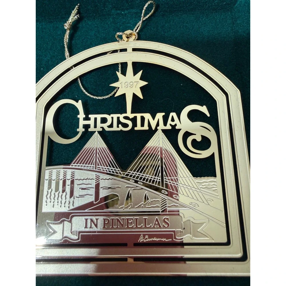 1997 Florida Easter Seal Society 24k Gold Skyway Bridge Christmas Ornament Boxed
